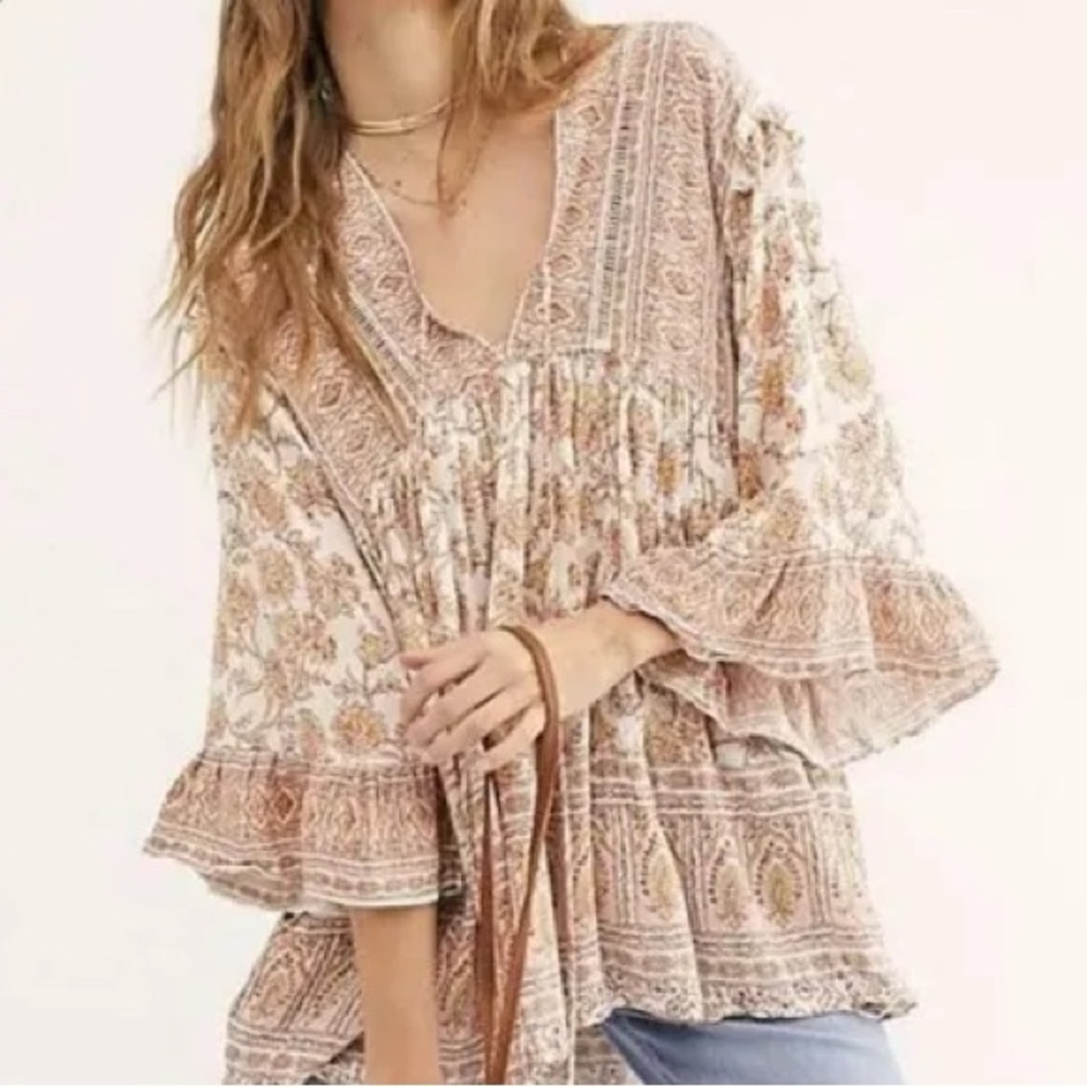 Bohemian Floral Blouse - Cream and Brown